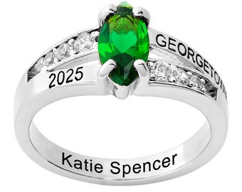 Ladies Sterling Silver Marquise Birthstone with CZ Class Ring, Personalized Birthstone Grad Ring for her High School/College