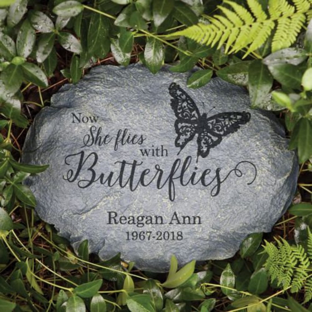Now She Flies With Butterflies Personalized Memorial Garden Stone ...