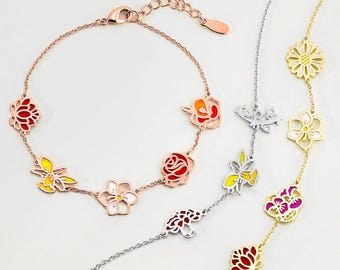 Enamel Birth Month Flower Bracelet, Plated Jewelry