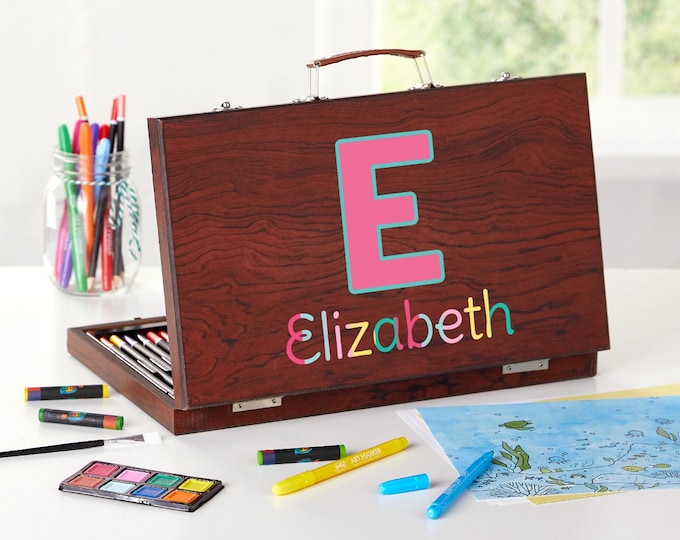 Kids Art Kit, Personalized Art Kit with Name and Initial for Kids, Wood Art Accessory Sets, Art Drawing Sets Pastel Colors