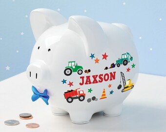 Personalized Boys Piggy Bank, Custom Baby Boy Piggy Bank Construction Trucks, Construction Truck Gifts for Boys