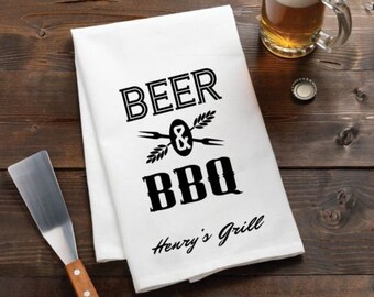 Beer & BBQ Personalized Tea Towel, Personalized Tea Towel, Personalized Dish Towel,Dish Towel, Kitchen Decor, BBQ Grilling Gift,Gift for Dad