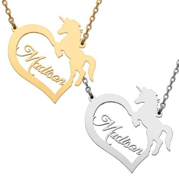 Stainless Steel Open Heart With Name and Unicorn Necklace, Initial