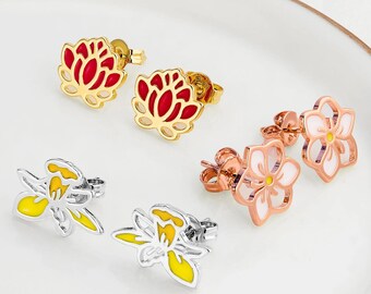 Enamel Birth Month Flower Stud Earrings, Silver, Gold, Rose Gold
