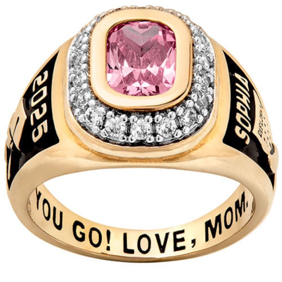 Anillo de graduacion CELEBRIUM Class de oro rosa para mujer con engaste de circonita cubica y piedra de nacimiento. Anillo de clase de la escuela secundaria anillo de clase de la universidad