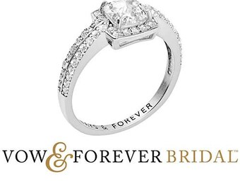Vow & Forever Bridal© Halo Square White Topaz Solitaire Engraved Engagement Ring in Platinum over Sterling, 14K Gold/Rose Gold over Sterling