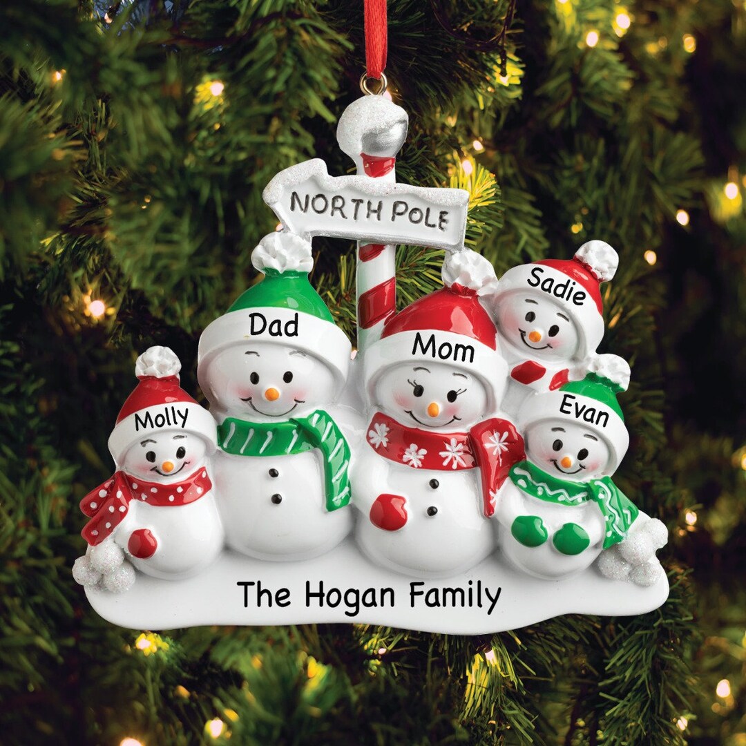 North Pole Snowman Personalized Family of 5 Ornament - Etsy