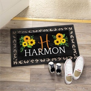 Sunflower Personalized Doormat, Ornate Rubber Frame, Summer Decor