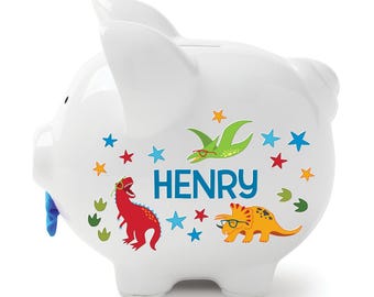 Boys Piggy Bank with Dinosaurs, Personalized Boys Piggy Bank, New Baby Boy Piggy Bank