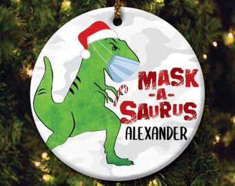 Mask-A-Saurus Personalized Ceramic Ornament, Ceramic Christmas Ornament, Custom Christmas Ornament, Christmas Decor