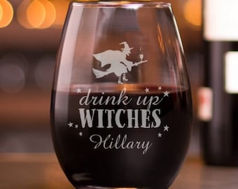 Personalized Halloween Wine Glass, Drink Up Witches, Stemless Party Glass