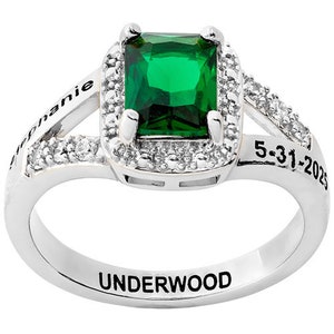 Birthstone High School College Class Ring, Women's Sterling Silver Emerald Cut Birthstone Class Ring, Rings for Her