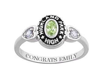 Ladies Sterling Silver Oval Stone and CZ Heart Class Ring, Personalized High School/College Graduation Birthstone Ring for Her