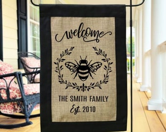 Welcome Bee Personalized Wreath Burlap Garden Flag, Graduation Flag, Welcome Outdoor Flag, Personalized Garden Flag