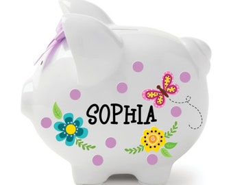 Personalized Girls Piggy Bank with Flowers,Kids Piggy Bank for Her, Piggy Bank for Girls