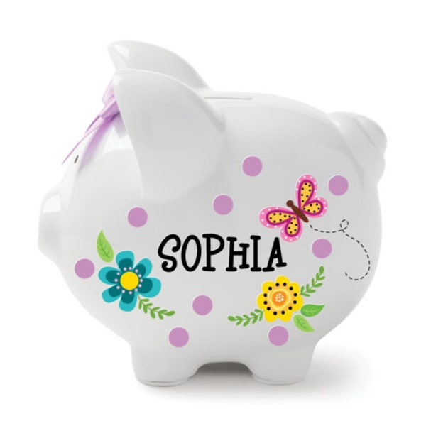 Personalized Girls Piggy Bank with Flowers,Kids Piggy Bank for Her, Piggy Bank for Girls