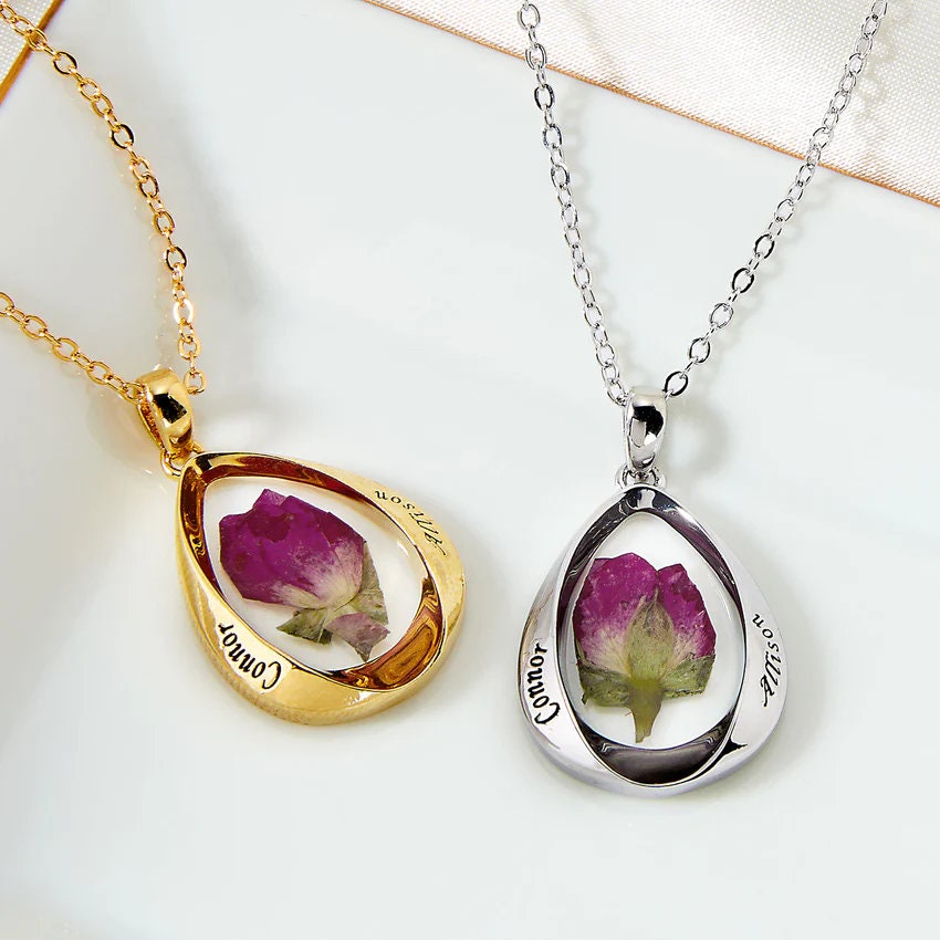 Engraved Names Dried flower teardrop pendant necklace