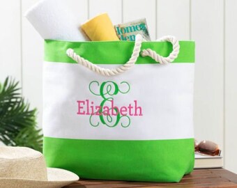 Personalized Green Stripe Beach Tote, Embroidered Initial Name