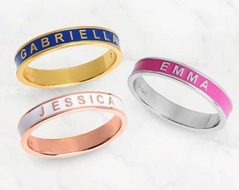 Enamel Name Band Ring, Personalized Stacking Ring With Enamel
