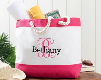 Personalized Pink Stripe Beach Tote, Embroidered Initial, Custom Name