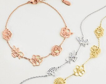 Birth Month Flower Bracelet, Rhodium, Gold, Rose Gold Plated