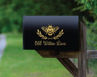 Laurel Wreath with Bumble Bee Personalized Gold Mailbox Decal, Custom Mailbox Decal, Mailbox Vinyl Decals, Mailbox Stickers, Mailbox Numbers