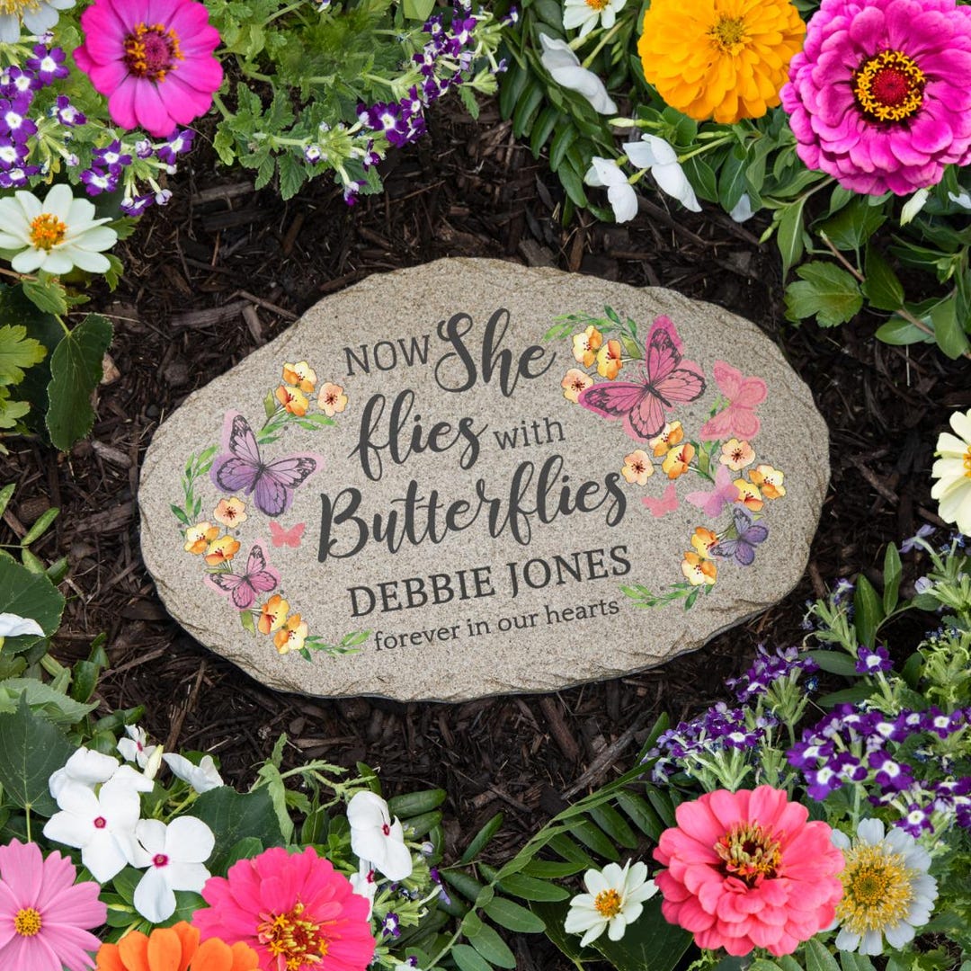 Now She Flies With Butterflies Personalized Garden Stone Your Message ...