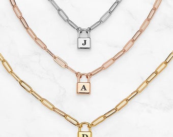 Personalized Initial Padlock Necklace, Gold Silver Rose Gold