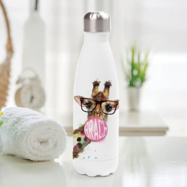 Bubble Gum Giraffe with Glasses Personalized Water Bottle, Personalized Stainless Steel Water Bottle, Vacuum Insulated Bottle, Sports Bottle