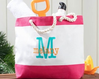 Pink Stripe Initial Beach Tote, Personalized Embroidered Name Bag
