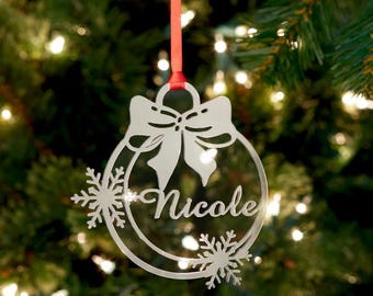 Stainless Steel Snowflake Bow Ornament with Name