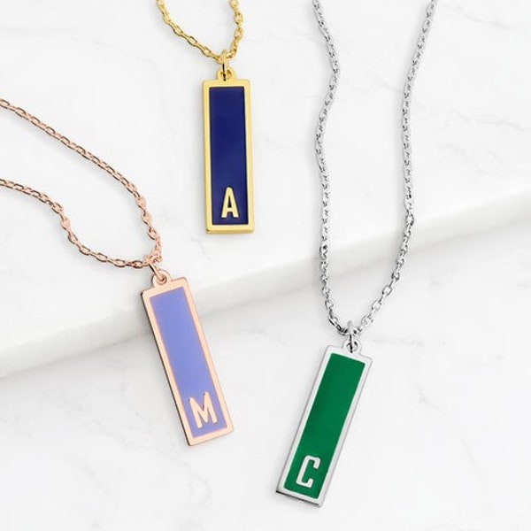 Vertical Bar Enamel Initial Necklace. In Silver, Gold, Rose Gold