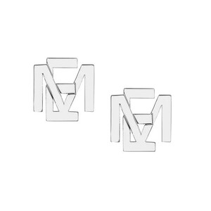 May include: A pair of silver earrings with a geometric design. Each earring is made up of five interlocking pieces that form the letter "M".