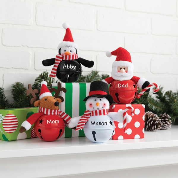 Jingle Bell Ornament Available in 4 Characters - Santa, Reindeer, Penguin Black Bell or Snowman