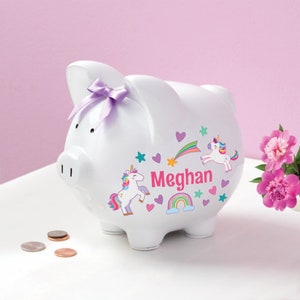 Personalized Girls Piggy Bank with Rainbows, New Baby Girl Piggy Bank, Unicorn Piggy Bank, Piggy Bank for Her