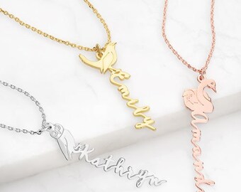 Sterling Silver Vertical Script Name with Birthmonth Bird Necklace Silver, Gold, Rose Gold, Sterling Silver, Gold or Rose Gold over Sterling
