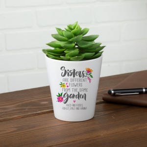 May include: White ceramic planter with a succulent plant. The planter has a quote that reads "Sisters are different flowers from the same garden" with a pink heart and floral accents. The names Ashley, Emily, and Hanna are listed below the quote.