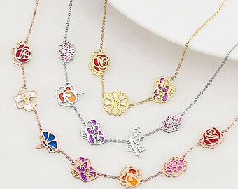 Enamel Birth Month Flower Necklace, Silver, Gold or Rose Gold Plated
