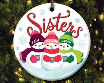 Three Snowmen Sisters Personalized Ceramic Ornament, Ceramic Christmas Ornament, Custom Christmas Ornament, Christmas Decor