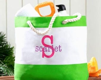 Embroidered Initial Green Stripe Beach Tote, Personalized Bridesmaid Gift