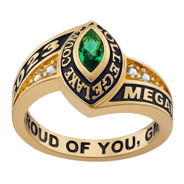 Ladies Gold Class Ring with Birthstone Personalized Women's Class Ring, College/ High School Class Ring