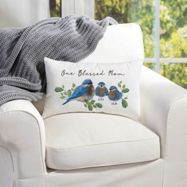 One Blessed Mom Bluebird Personalized Lumbar Pillow, Decorative Gift for Mom Pillow, Mothers Day Gift Throw Pillow