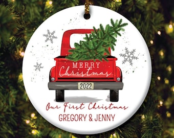Merry Christmas Red Truck Personalized Ceramic Ornament, Ceramic Christmas Decor, Custom Christmas Ornament, Personalized Ornament