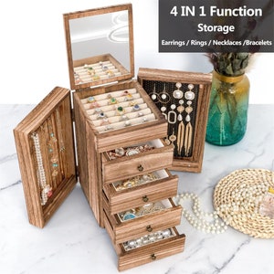 Jewelry Box Wood for Women, 5-Layer Large Organizer Box with Mirror & 4 Drawers for Rings, Earrings, Necklaces, Vintage Style Torched