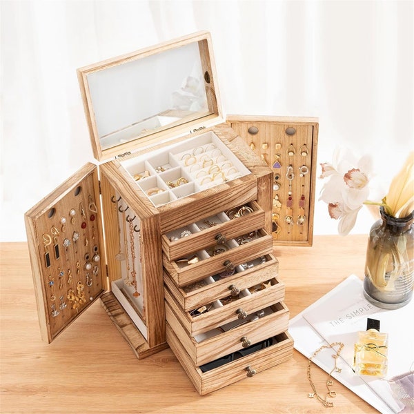Large Jewelry Box, 7-Layer Wooden Jewelry Boxes for Women, Jewellery Holder Organizer Storage Case with Mirror for Earrings Bracelet