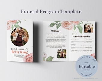 Blush Rose Funeral Program Template, Obituary Template, Printable Order of Service, Funeral Program Template for Woman, Pink Funeral