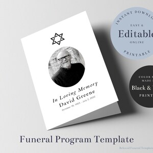 May include: Black and white funeral program template with a photo of a man in a circle and a Star of David at the top. The text reads "In Loving Memory David Greene October 18, 1965 - July 2, 2022".