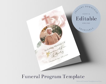 Christian Funeral Program Template with Cross, Obituary Template,  Editable Order of Service, In Loving Memory, Pink Floral Funeral, Woman