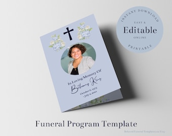 Christian Funeral Program Template with Cross, Obituary Template,  Editable Order of Service, In Loving Memory, Blue Floral Funeral, Edit