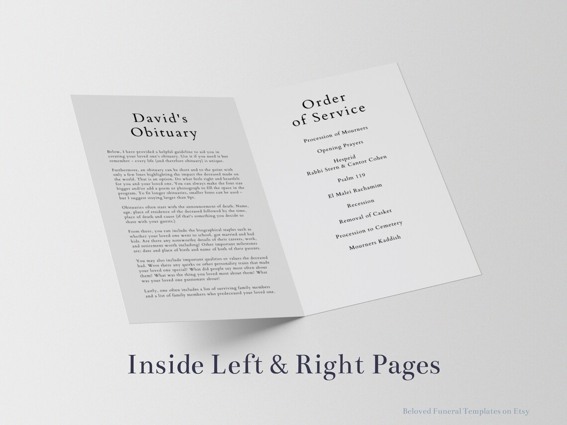Minimalist Jewish Funeral Program Template Obituary Template - Etsy